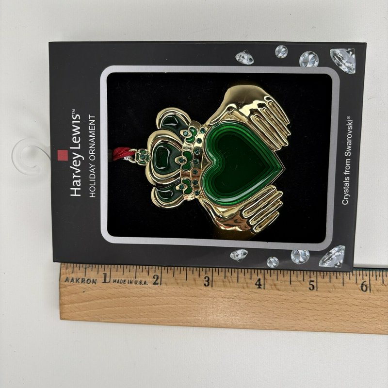 Harvey Lewis Claddagh Heart Holiday Ornament Green Gold Crystals from Swarovski