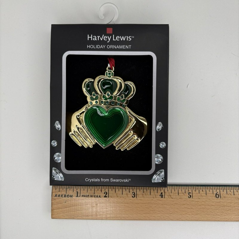 Harvey Lewis Claddagh Heart Holiday Ornament Green Gold Crystals from Swarovski