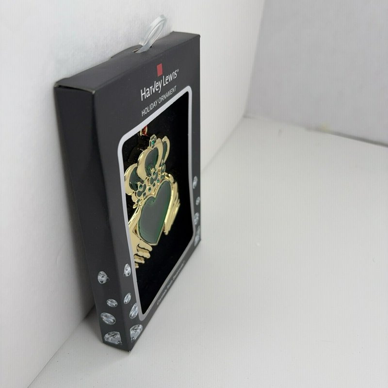 Harvey Lewis Claddagh Heart Holiday Ornament Green Gold Crystals from Swarovski