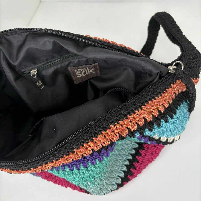 The Sak Crochet Shoulder Bag Multicolor Striped Lined Zip Top Boho Tote