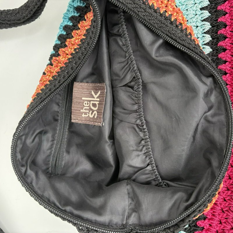 The Sak Crochet Shoulder Bag Multicolor Striped Lined Zip Top Boho Tote
