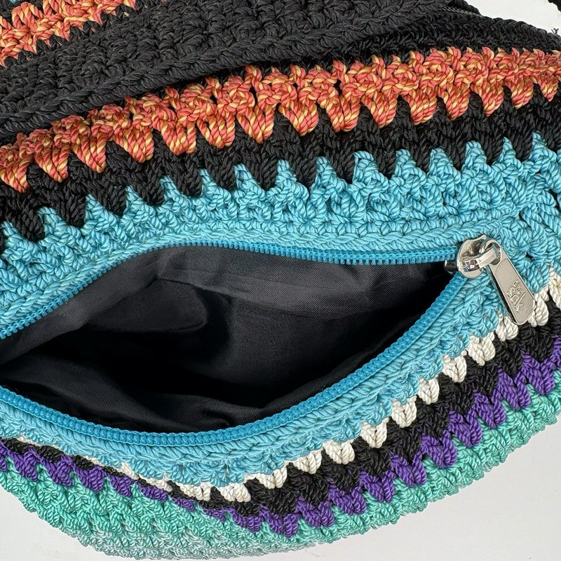 The Sak Crochet Shoulder Bag Multicolor Striped Lined Zip Top Boho Tote