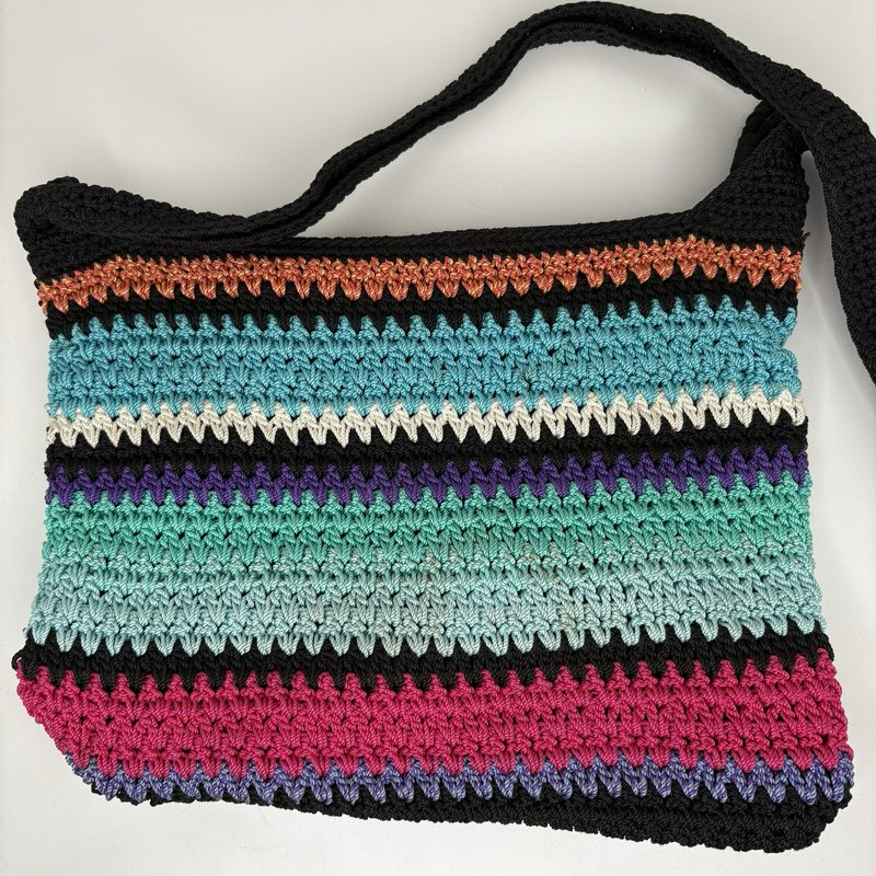 The Sak Crochet Shoulder Bag Multicolor Striped Lined Zip Top Boho Tote
