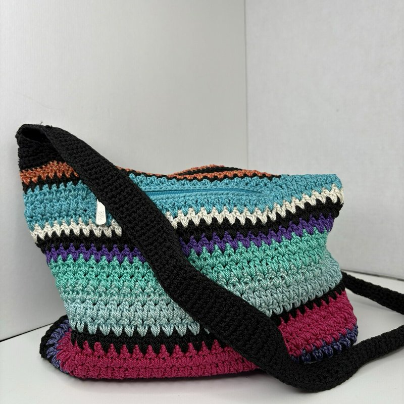The Sak Crochet Shoulder Bag Multicolor Striped Lined Zip Top Boho Tote