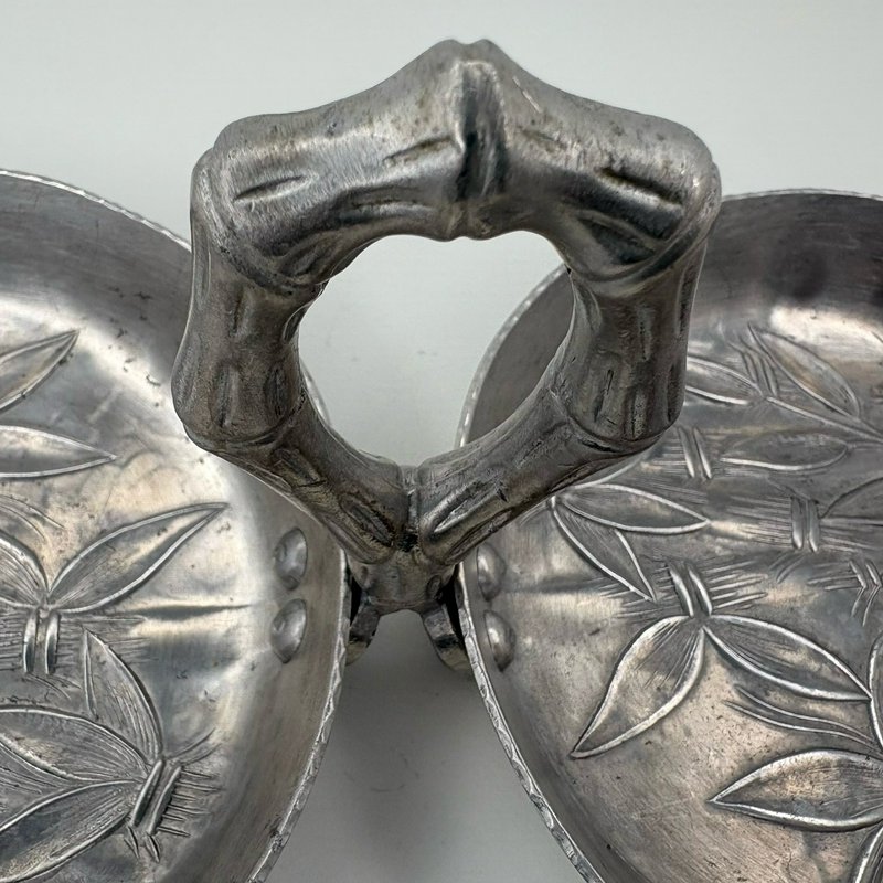 Everlast Hand Wrought Aluminum Double Serving Dish Bamboo Handle Vintage