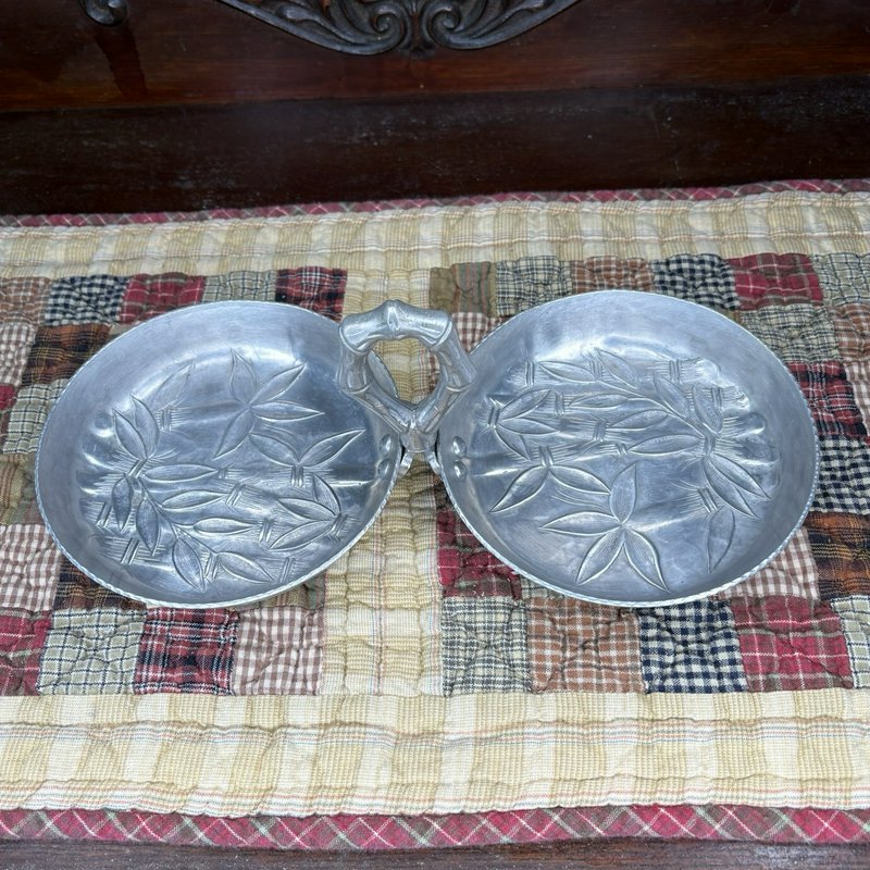 Everlast Hand Wrought Aluminum Double Serving Dish Bamboo Handle Vintage