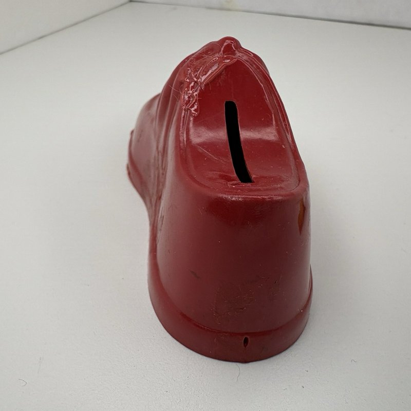 Vintage Poll-Parrot Shoes Plastic Bank w Tin Clicker Noisemaker Advertising