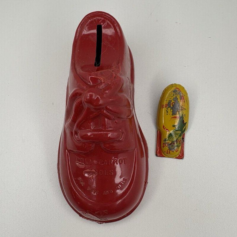 Vintage Poll-Parrot Shoes Plastic Bank w Tin Clicker Noisemaker Advertising