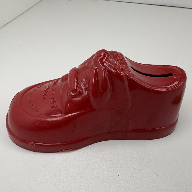 Vintage Poll-Parrot Shoes Plastic Bank w Tin Clicker Noisemaker Advertising