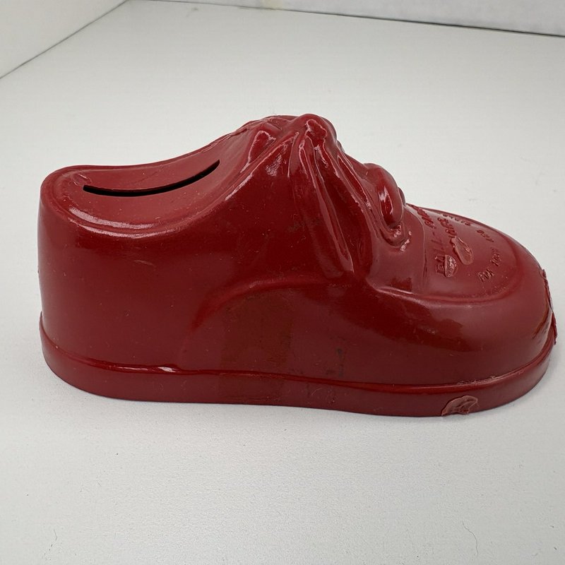 Vintage Poll-Parrot Shoes Plastic Bank w Tin Clicker Noisemaker Advertising