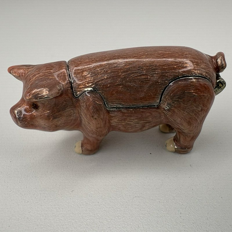 Pink Pig Enamel Trinket Box Hinged Metal Animal with Rhinestone Eyes