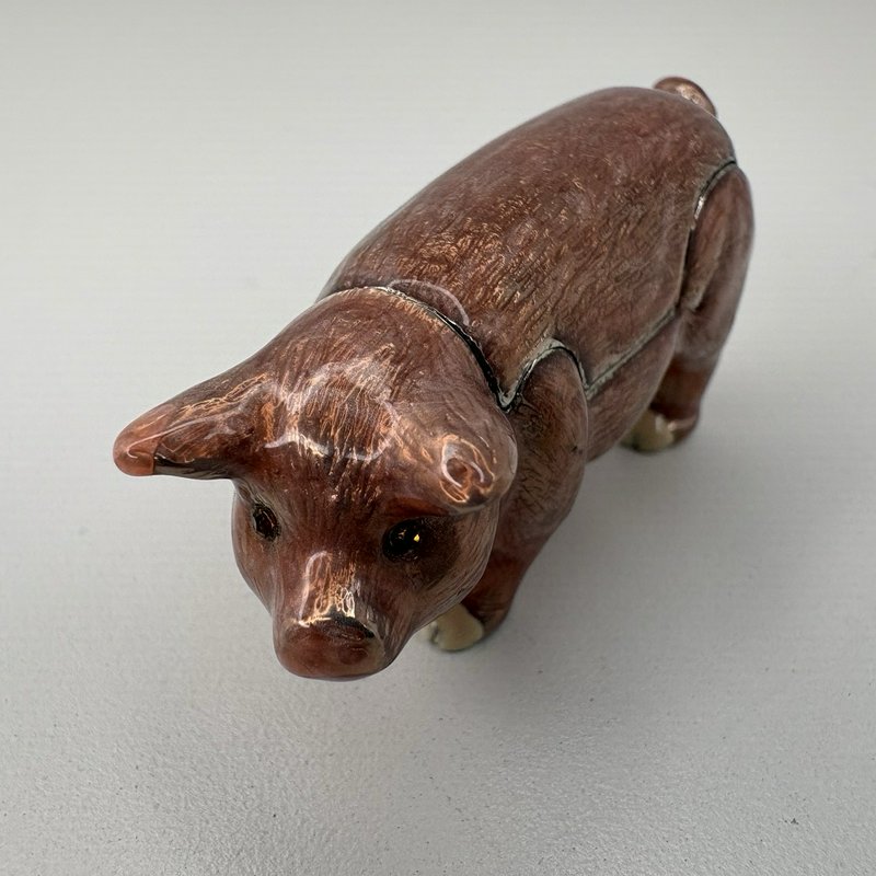 Pink Pig Enamel Trinket Box Hinged Metal Animal with Rhinestone Eyes