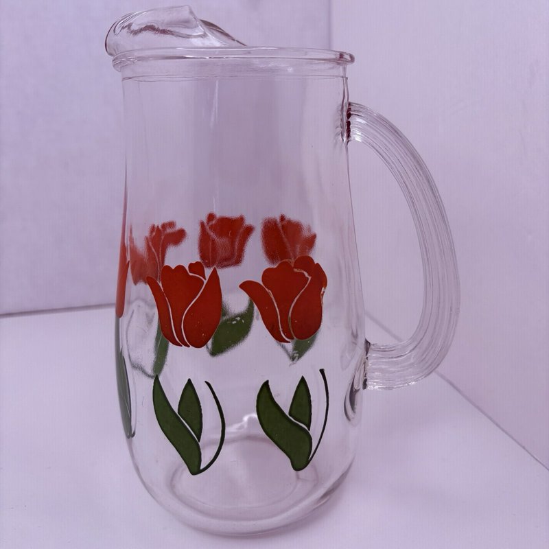 Vintage Tulip Glass Pitcher w 3 Floral Tumblers Mid Century Federal Style
