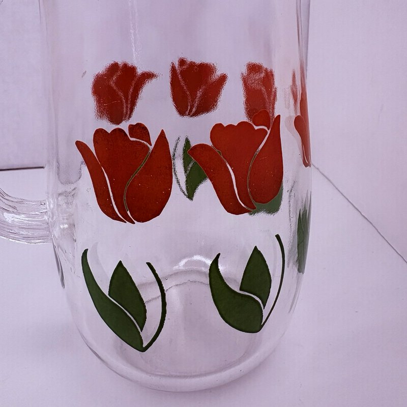 Vintage Tulip Glass Pitcher w 3 Floral Tumblers Mid Century Federal Style