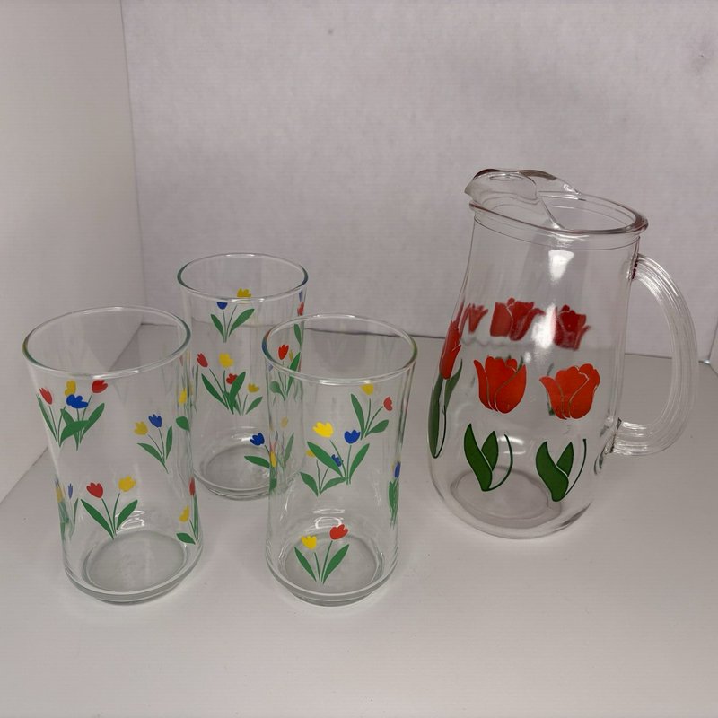 Vintage Tulip Glass Pitcher w 3 Floral Tumblers Mid Century Federal Style