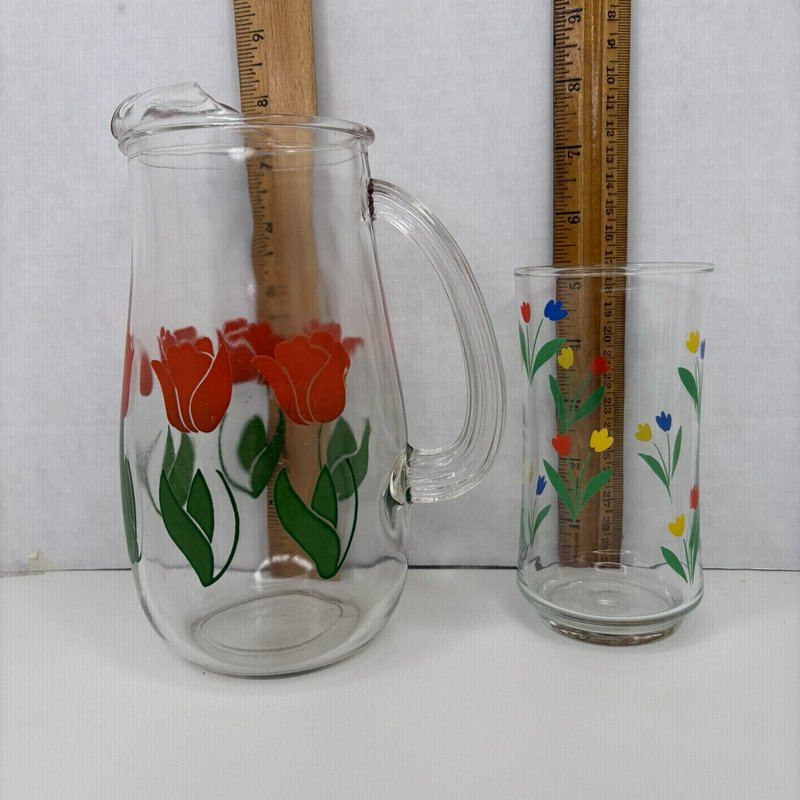 Vintage Tulip Glass Pitcher w 3 Floral Tumblers Mid Century Federal Style