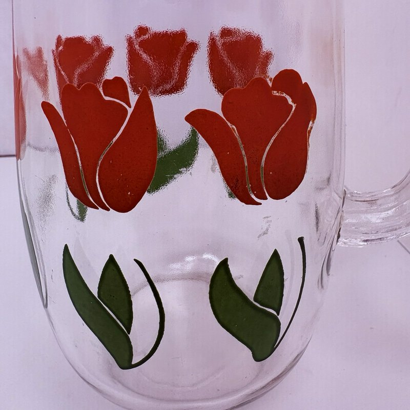 Vintage Tulip Glass Pitcher w 3 Floral Tumblers Mid Century Federal Style