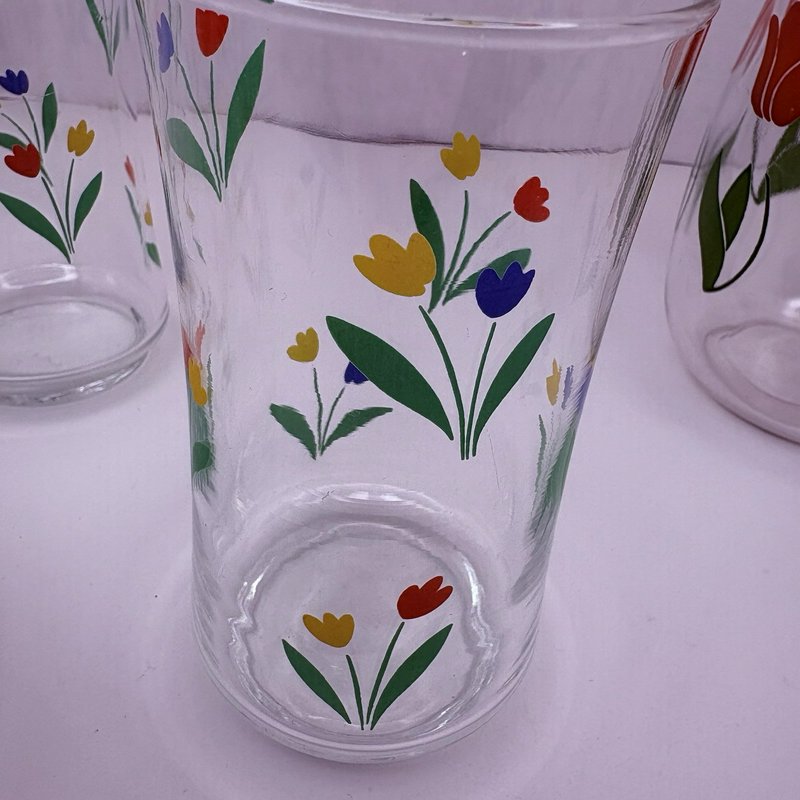 Vintage Tulip Glass Pitcher w 3 Floral Tumblers Mid Century Federal Style