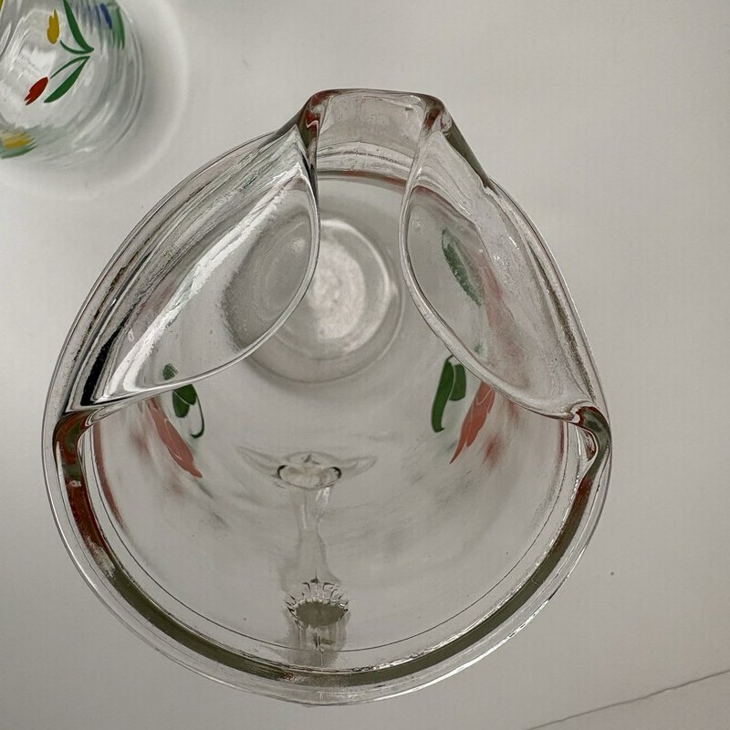 Vintage Tulip Glass Pitcher w 3 Floral Tumblers Mid Century Federal Style