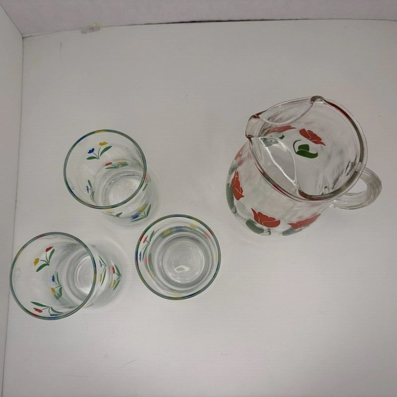 Vintage Tulip Glass Pitcher w 3 Floral Tumblers Mid Century Federal Style