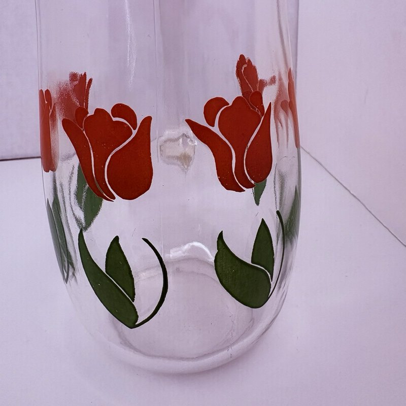 Vintage Tulip Glass Pitcher w 3 Floral Tumblers Mid Century Federal Style