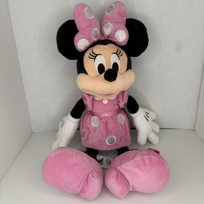 Disney Minnie Mouse Plush Pink Polka Dot Dress Bow 18” Stuffed Toy NWT