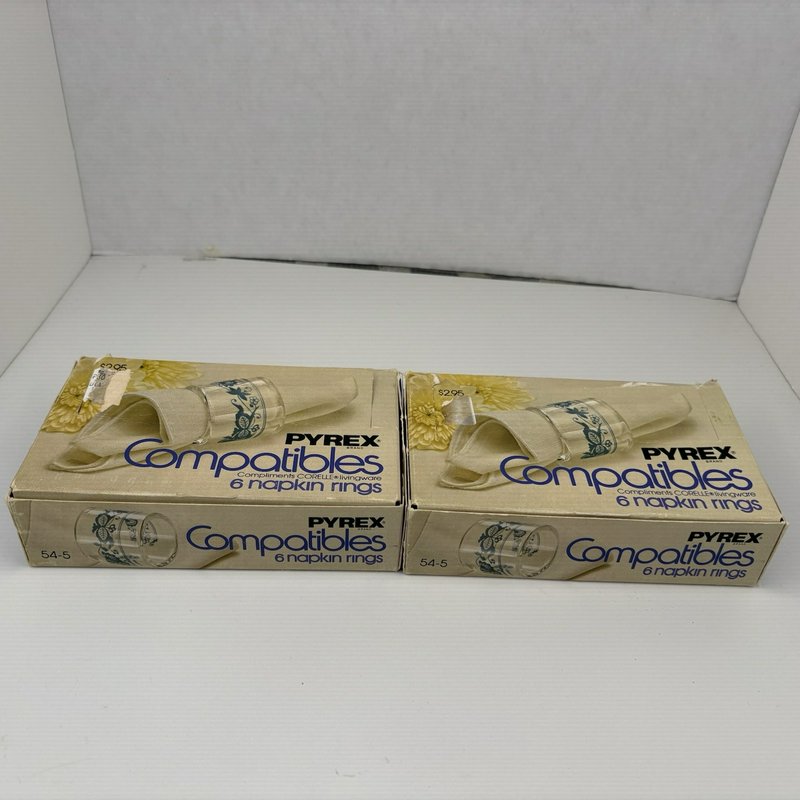 Vintage Pyrex Compatibles Old Town Blue Glass Napkin Rings Lot of 12 w Boxes