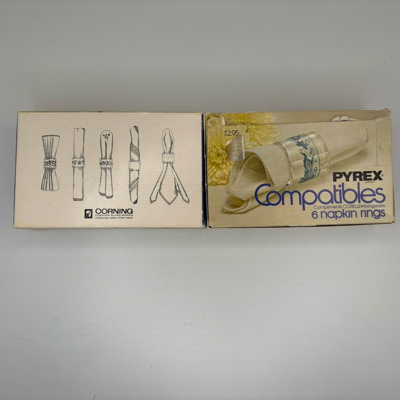 Vintage Pyrex Compatibles Old Town Blue Glass Napkin Rings Lot of 12 w Boxes