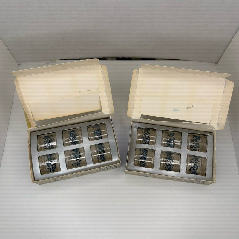 Vintage Pyrex Compatibles Old Town Blue Glass Napkin Rings Lot of 12 w Boxes