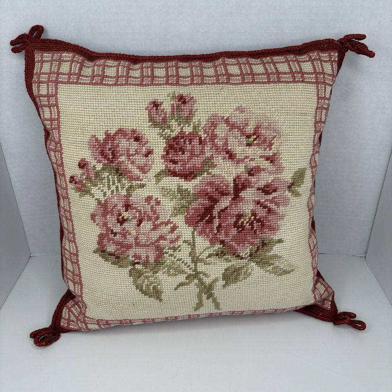 Vintage Needlepoint Rose Pillow Red Velvet Back  w/ New 14x14 Insert