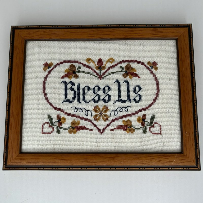 Vintage Framed Cross Stitch Bless Us Heart Floral Folk Art Wall Decor