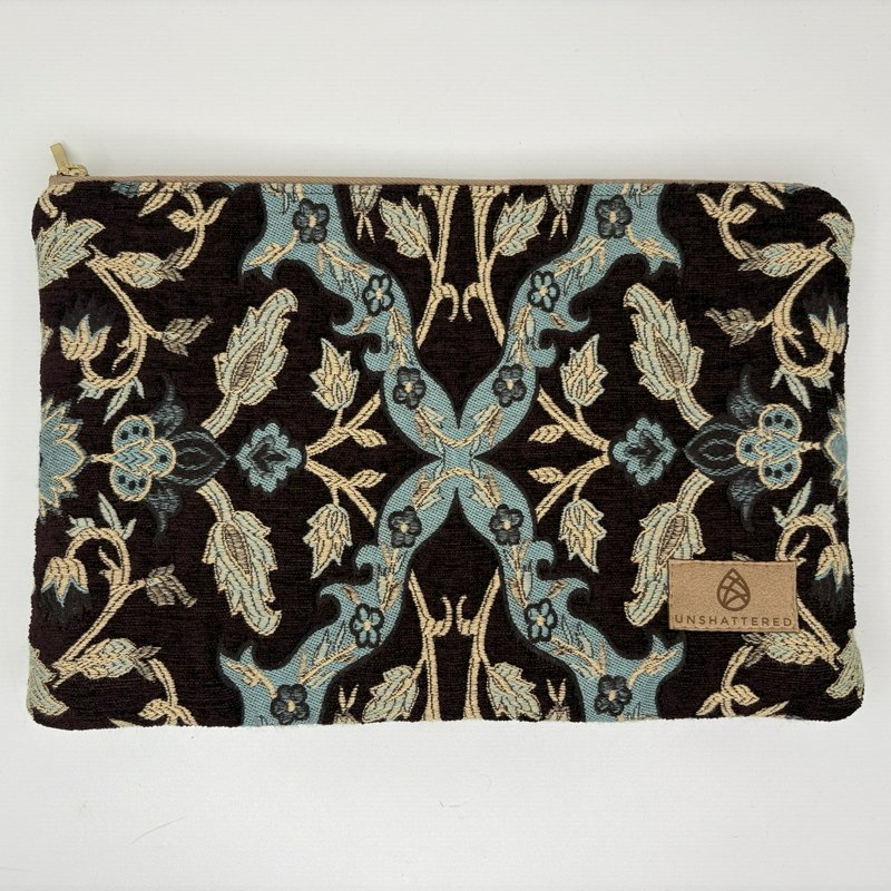 Unshattered Large Floral Tapestry Zipper Pouch Brown Blue Faux Leather Lined