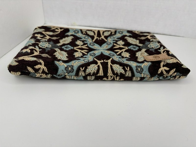 Unshattered Large Floral Tapestry Zipper Pouch Brown Blue Faux Leather Lined