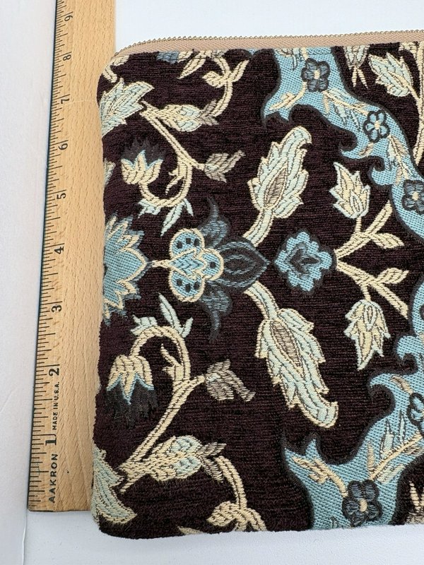 Unshattered Large Floral Tapestry Zipper Pouch Brown Blue Faux Leather Lined