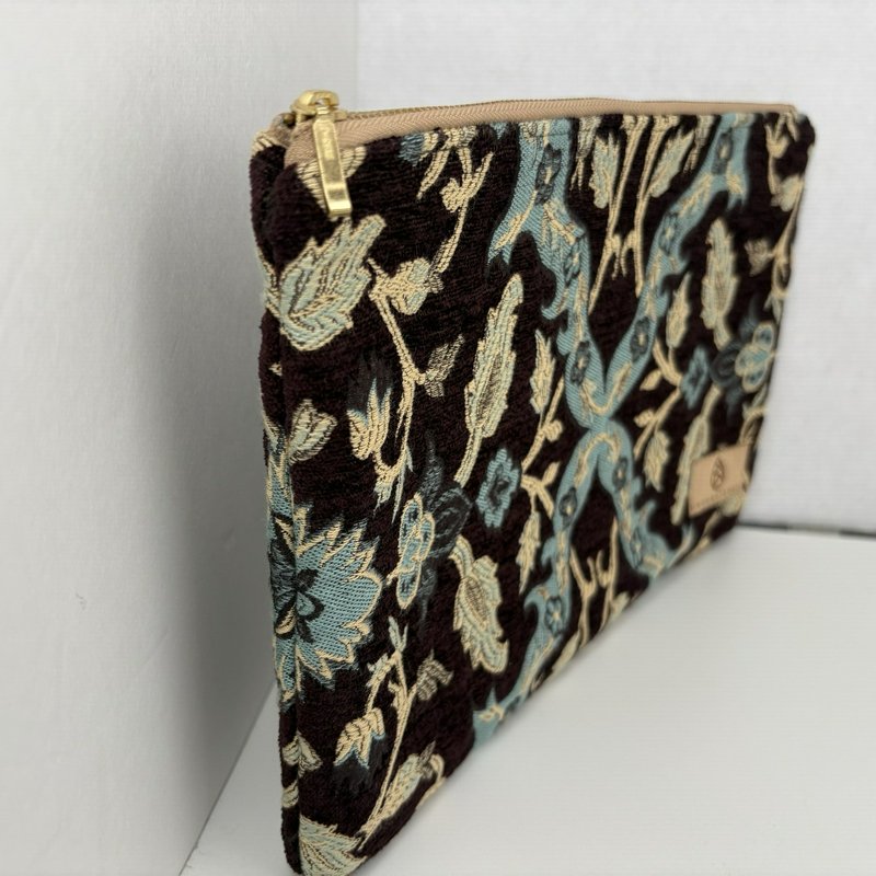 Unshattered Large Floral Tapestry Zipper Pouch Brown Blue Faux Leather Lined