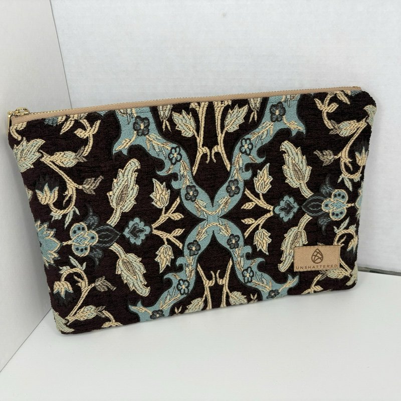 Unshattered Large Floral Tapestry Zipper Pouch Brown Blue Faux Leather Lined