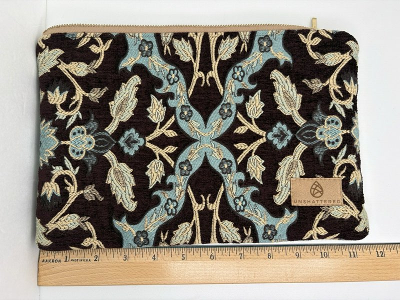 Unshattered Large Floral Tapestry Zipper Pouch Brown Blue Faux Leather Lined