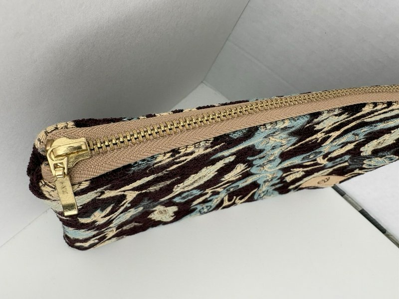 Unshattered Large Floral Tapestry Zipper Pouch Brown Blue Faux Leather Lined