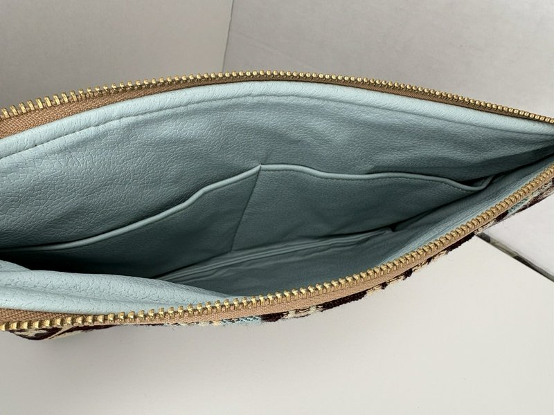 Unshattered Large Floral Tapestry Zipper Pouch Brown Blue Faux Leather Lined