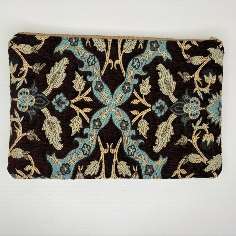 Unshattered Large Floral Tapestry Zipper Pouch Brown Blue Faux Leather Lined