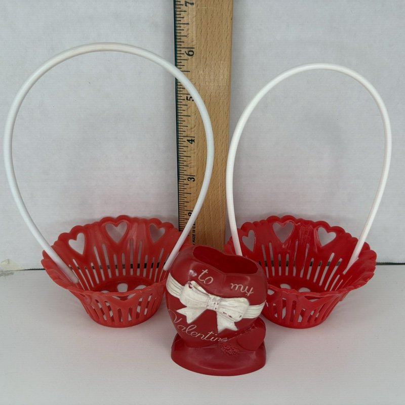 Vintage Valentine Plastic Candy Set Heart Container Nut Baskets Cupcake Picks