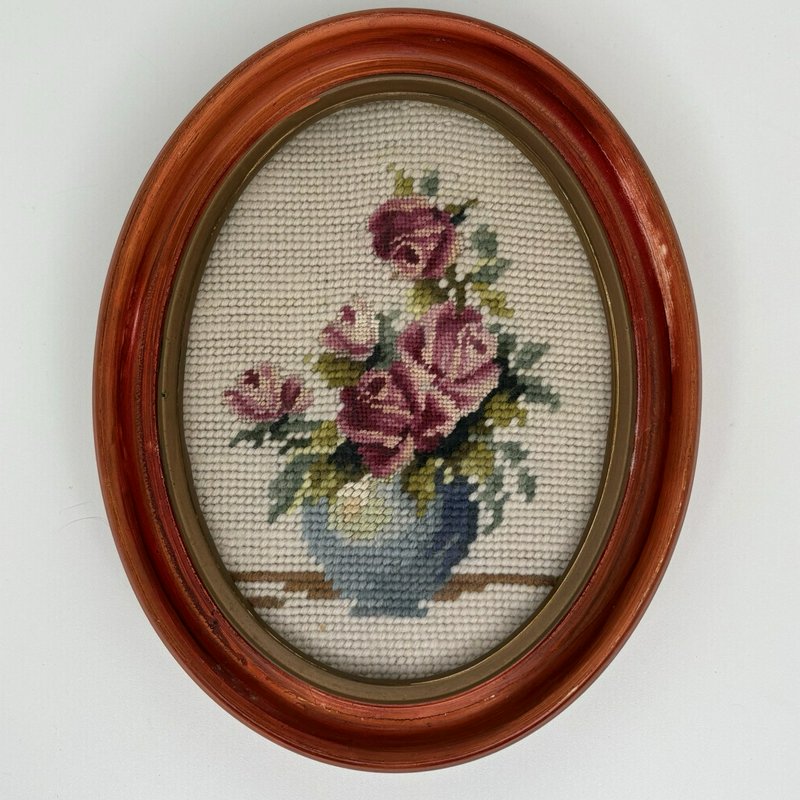 Vintage Framed Floral Needlepoint Roses Oval Faux Wood Frame Cottage Decor