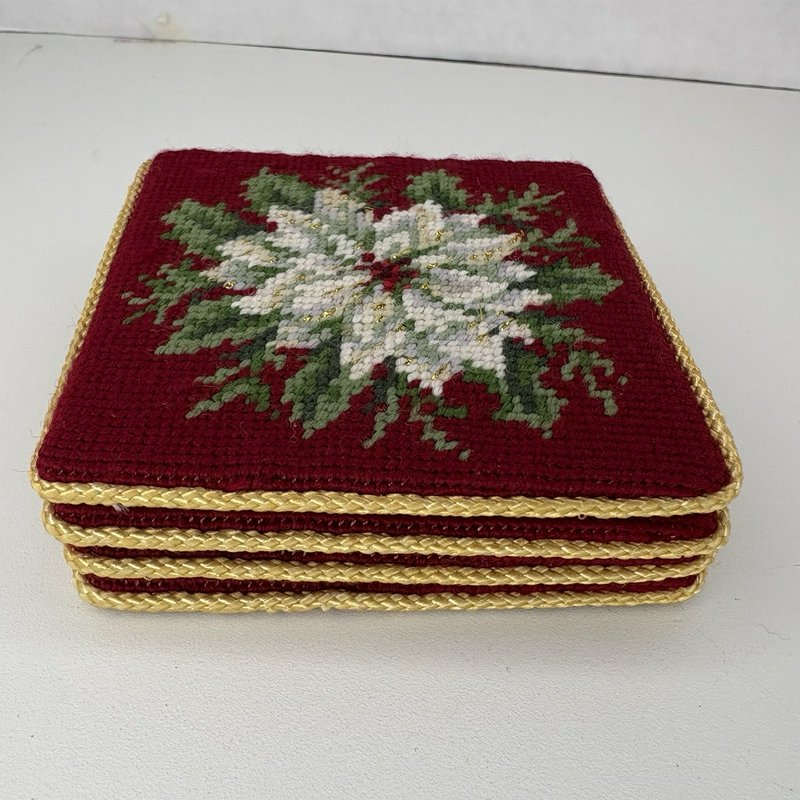 Vintage Needlepoint Poinsettia Coasters Set of 4 Gold Thread Trim w/ Box