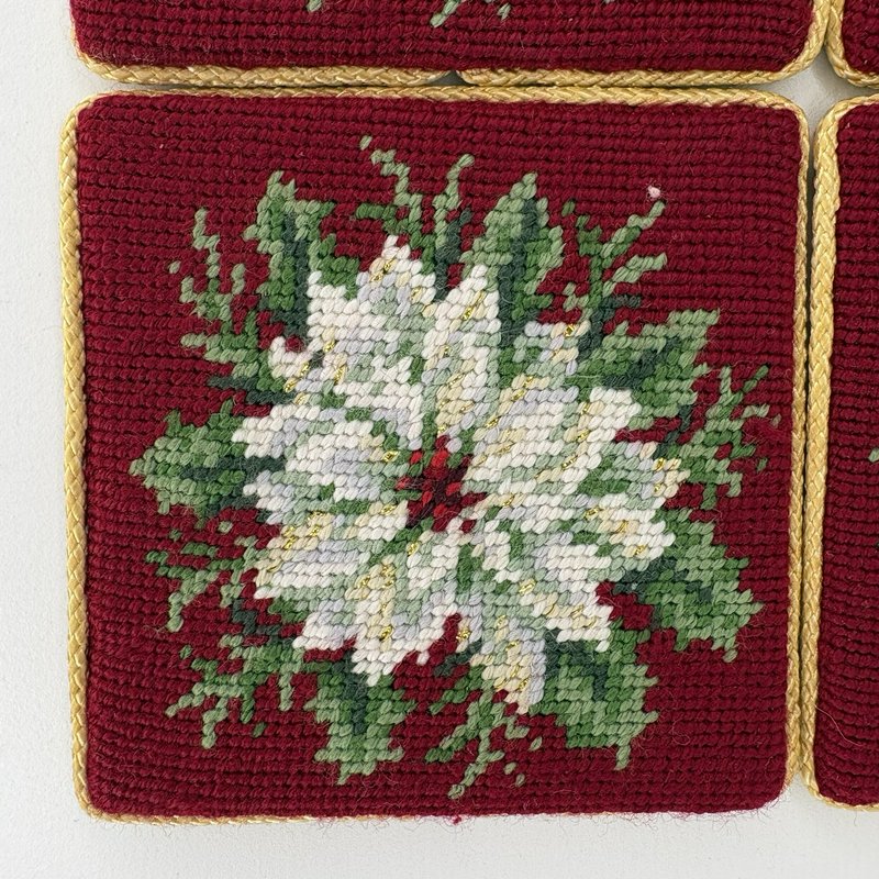 Vintage Needlepoint Poinsettia Coasters Set of 4 Gold Thread Trim w/ Box