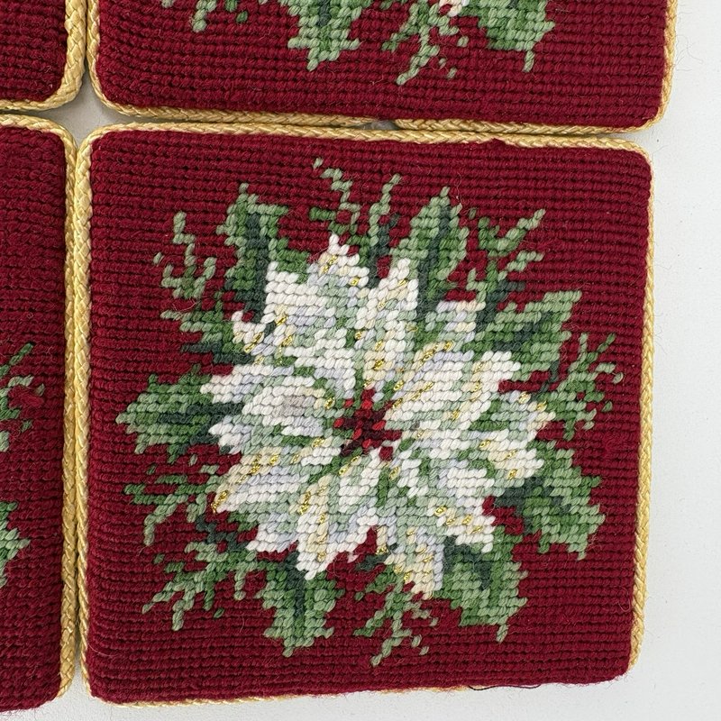 Vintage Needlepoint Poinsettia Coasters Set of 4 Gold Thread Trim w/ Box