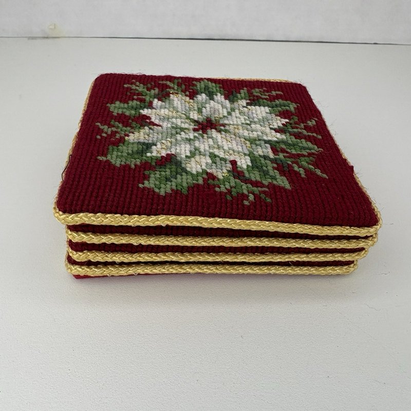 Vintage Needlepoint Poinsettia Coasters Set of 4 Gold Thread Trim w/ Box