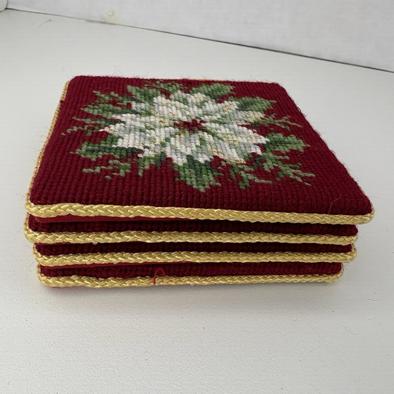 Vintage Needlepoint Poinsettia Coasters Set of 4 Gold Thread Trim w/ Box