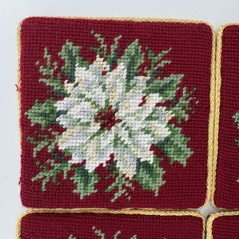 Vintage Needlepoint Poinsettia Coasters Set of 4 Gold Thread Trim w/ Box