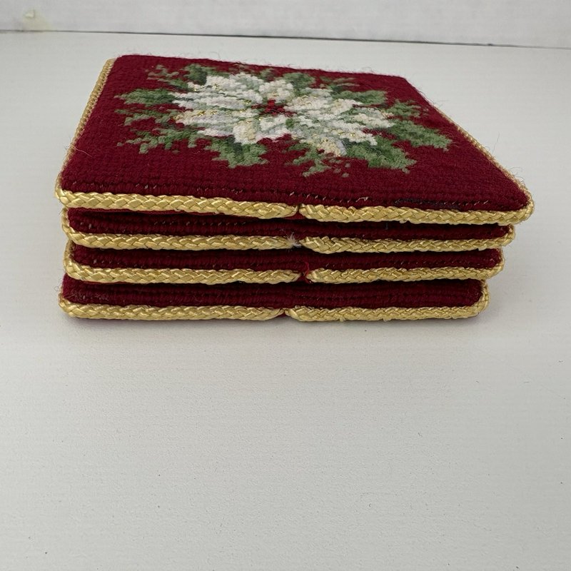 Vintage Needlepoint Poinsettia Coasters Set of 4 Gold Thread Trim w/ Box
