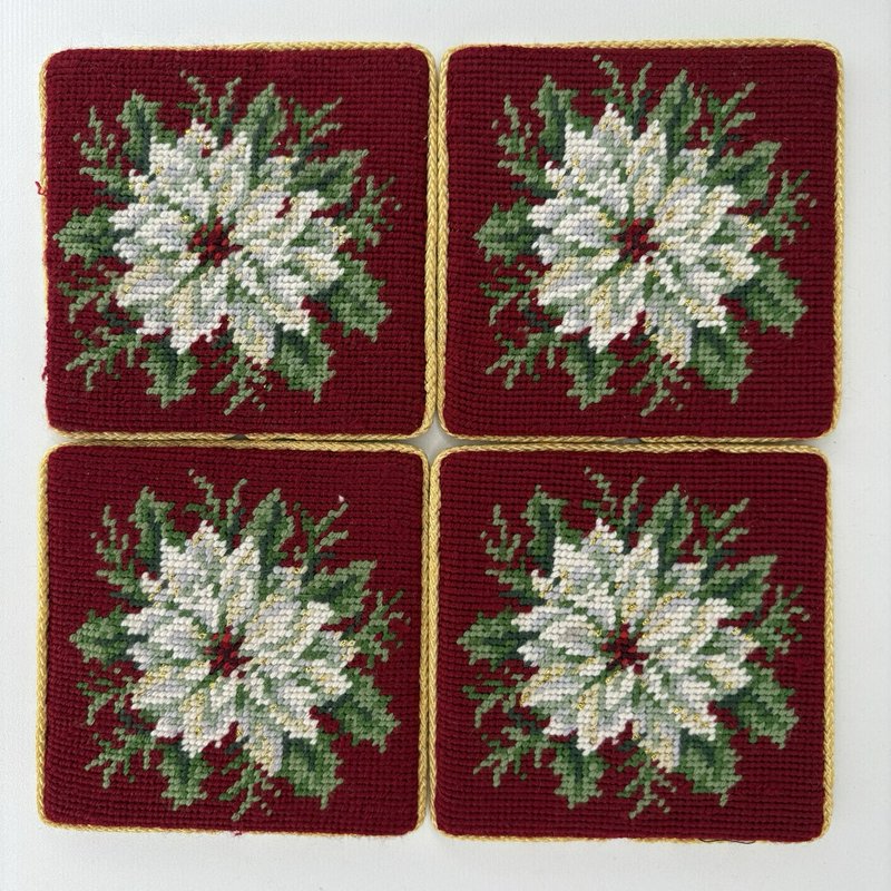 Vintage Needlepoint Poinsettia Coasters Set of 4 Gold Thread Trim w/ Box